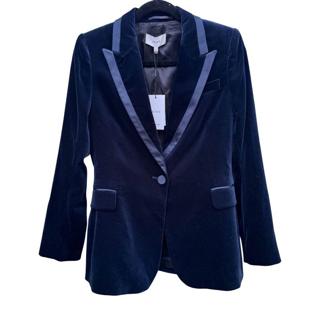 Reiss Bree Navy Velvet Satin Trim Blazer Glam Tailored Preppy Womens 4 New
